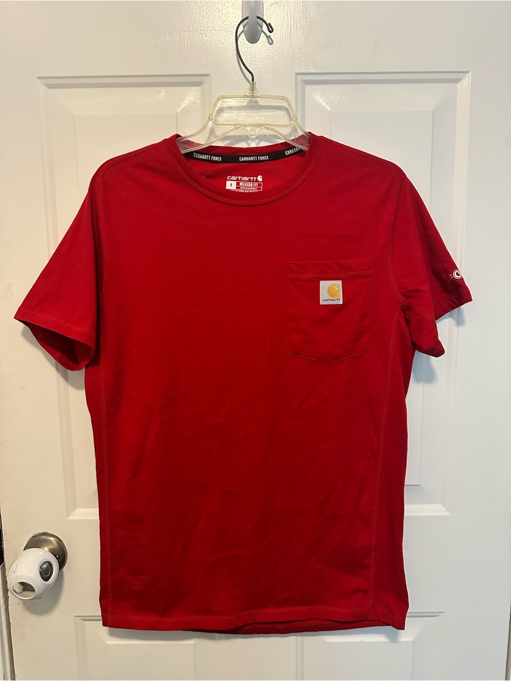 Carhartt Men’s Red Short-Sleeve Pocket Tee with Logo Patch